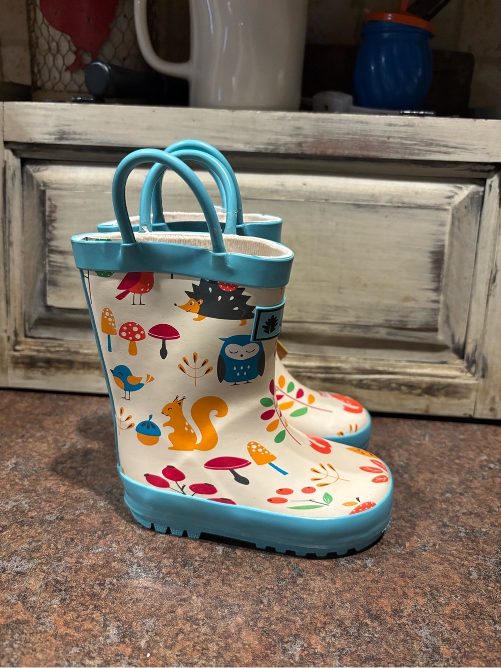 OAKI Forest Animals Kids Rain Boots in Cream with Aqua Trim